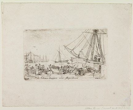 Teckning i svart och vitt som visar ett tjugotal människor på båtar eller på land intill vatten. I bakgrunden syns två större byggnader och fyra segelfartyg. I botten av bilden står texten: Rodar trappan wid Skeps Bron och signaturen E. Martin.