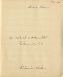 Elevuppsats av Anna Hansen "Betydelsen av ett sunt idtrottsliv" - Åhlinska skolan VT 1912 