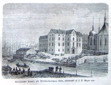 Geijerska huset på Riddarholmen 1865, aftecknadt af J. F. Meyer s:or. Litografi i Illustrerad Tidning, nr 45 den 11 november 1865.