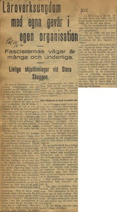 Artikel om läroverksungdom som övningsskjuter vid Stora Skuggan, ur tidningen Politiken den 13 februari 1931.