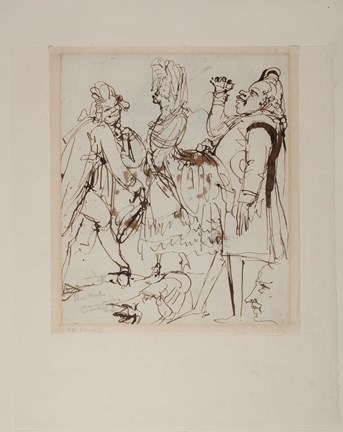 Karikatyr med fyra herrar och en dam i peruk och 1700-talskläder
