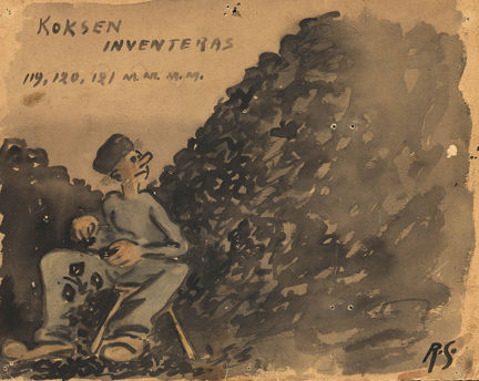 Teckning på varvspersonal som inventerar koks på Mälarvarvet