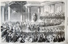 Konungens sista afsked af Rikets ständer i plenum plenorium på Rikssalen den 22 juni 1866. Litografisk bild Ny Illustrerad Tidning, nr 27 den 7 juli 1866
