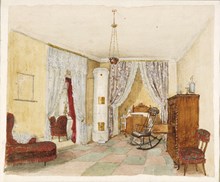 Sängkammaren hos grosshandlare Bl. Swederus, Regeringsgatan 22, år 1855