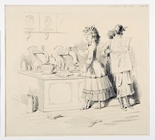 Kvinnosakskvinna vid automat för färdiglagad mat 1876 