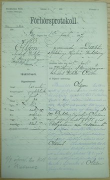 F.d. bergsprängaren, dövstumme Anders Wiktor Olsson, 29, häktad för lösdriveri den 1 juli 1887 - polisförhör