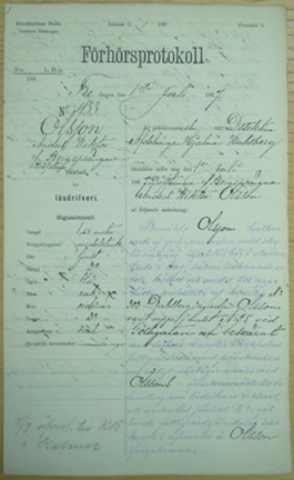 Anders Wiktor Olsson häktad för lösdriveri den 1 juli 1887 - polisförhör