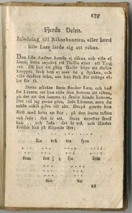 Första sidan av berättelsen "Inledning till räknekonsten, eller huru lille Lars lärde sig räkna", ur "Mina barns, eller Swenska ungdomens ABC-bok" från 1811.