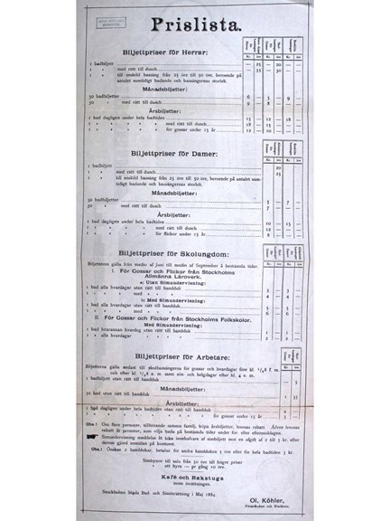 Stockholms stads bad- och siminrättning – Prislista 1884