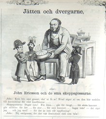 Jätten och dvergarne. Bildskämt om John Ericsson i <i>Söndags-Nisse – Illustreradt Veckoblad för Skämt, Humor och Satir</i>, nr 6, den 10 februari 1867