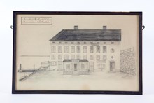 August Strindbergs födelsehus på Riddarholmskajen. Teckning av Axel Strindberg 1909.