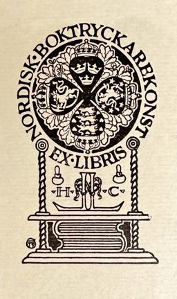 Exlibris för Nordisk Boktryckarekonst, teckning med heraldik och boktrycksdetaljer