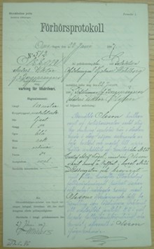 F.d. bergsprängaren, dövstumme Anders Wiktor Olsson, 29, varnad för lösdriveri den 22 juni 1887 - polisförhör