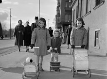 Tre flickor med dockvagnar promenerar