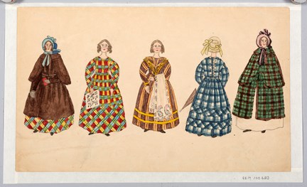 Fem modeller med damdräkter från mitten av 1800-talet
