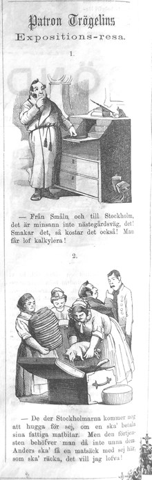 Patron Trögelins Expositons-resa. Tecknad serie i 45 delar om Stockholmsutställningen 1866 i Söndags-Nisse – Illustreradt Veckoblad för Skämt, Humor och Satir, den 10 juni till den 7 oktober 1866
