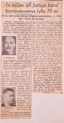 Tidningsartikel till Sällskapet Barnavårds 70-års jubileum