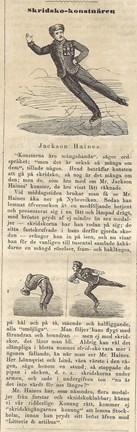 Skridsko-konstnären. Notis om konståkaren Jackson Haines i Söndags-Nisse – Illustreradt Veckoblad för Skämt, Humor och Satir, nr 12, den 25 mars 1866