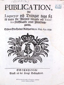 "Publication, Att Laqueyer och Drängar taga sig til wara för Wärjors bärande och Excessers föröfwande emot Förordningarne" 1732