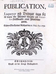 "Publication, Att Laqueyer och Drängar taga sig til wara för Wärjors bärande och Excessers föröfwande emot Förordningarne" 1732