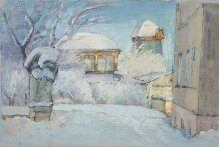 Målning ifrån Waldemarsudde. Den föreställer utsikten ifrån slottsentrén mot Galleriet och Kvarnen en kall vinterdag.