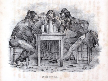 Tre män röker pipa.