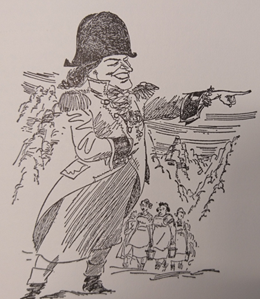 Karikatyr av Ulla Lindström som Napoleon och i bakgrunden ledsna kvinnor med skurhinkar i händerna