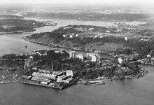 Flygbild över Lilla Essingen med Luxfabrikerna mot norr