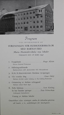 Maria Husmodersskola - program vid invignig av nya lokaler 1947 