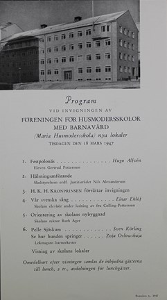 Program vid invigning av nya lokaler för Maria husmodersskola 1947