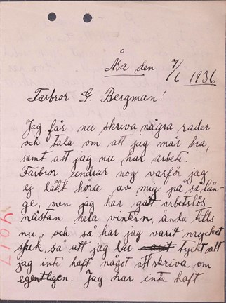 Handskrivet brev till Allmänna  barnhuset från tidigare barnhusbarn