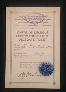 Ruth Gustafssons delegatkort till internationella socialistiska kongressen 1910