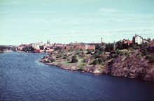 Utsikt från Essingeleden, Gröndalsbron mot öster. Gröndal t.h. och i fonden Reimersholme