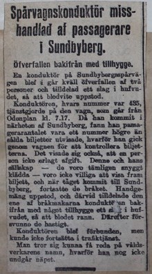 ”Spårvagnskonduktör misshandlad af passagerare i Sundbyberg” – artikel Stockholms Tidningen 1911
