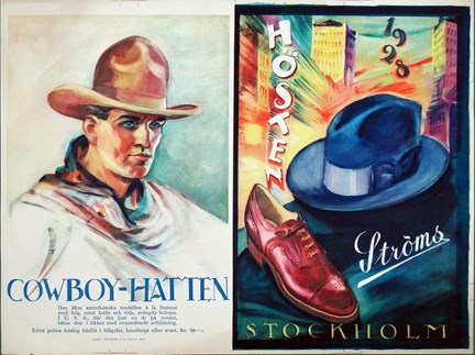 reklamtryck i flera färger föreställande en man med cowboy-hatt, en sko och en svart hatt