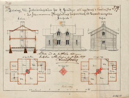 Bygglovsritning i tusch på transparent väv, med detaljer i röd akvarellfärg. Ritningen visar en sektion, två planer (både för bottenvåningen och 1 trappa upp), en gavelfasad och en sidofasad. Huset är i trä.