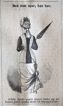 Den som spar, han har. Bildskämt i Söndags-Nisse – Illustreradt Veckoblad för Skämt, Humor och Satir, nr 43, den 27 oktober 1878