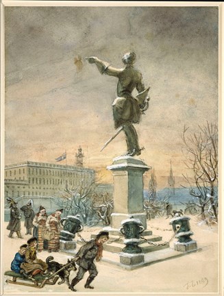 en akvarell med Karl Xll:s staty, slottet i bakgrunden. nedanför statyn står två dalkullor, två militärer. en pojke drar två flickor på en släde. en hund springer bredvid.