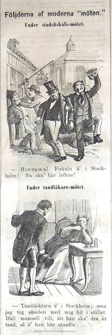 Följderna af moderna möten. Bildskämt i Söndags-Nisse – Illustreradt Veckoblad för Skämt, Humor och Satir, nr 29, den 15 juli 1866