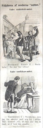 Följderna af moderna möten. Bildskämt i Söndags-Nisse – Illustreradt Veckoblad för Skämt, Humor och Satir, nr 29, den 15 juli 1866
