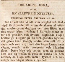 Krigarens enka - socialreportage av Wendela Hebbe i Aftonbladet 20 mars 1846