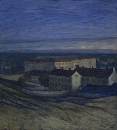 I målningen syns flera bostadshus som ligger längst ner för en sluttning