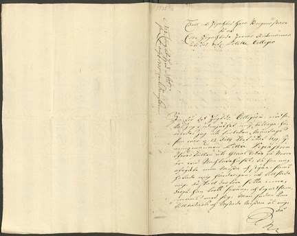 Maria Malmstedts skrivelse till Politiekollegium 1735. Utsidan.