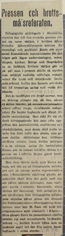 Lärare kritiserar pressens brottmålsreferat - notis i AB 1908