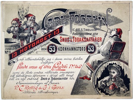 Reklamkort tryckt i rött och svart med bild av tomtar och män som röker samt text.