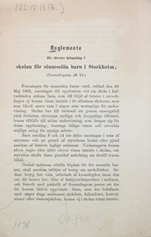 "Skolan för sinnesslöa barn" - föreskrifter för intagning av elever 1876
