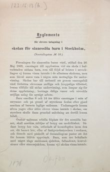 "Skolan för sinnesslöa barn" - föreskrifter för intagning av elever 1876