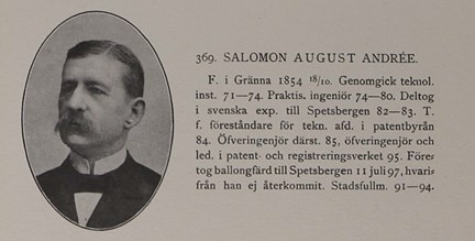 Porträtt av och text om Salomon August Andrée.