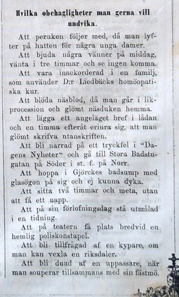 Hvilka obehagligheter man gerna vill undvika. Notis i Söndags-Nisse – Illustreradt Veckoblad för Skämt, Humor och Satir, nr 29, den 15 juli 1866
