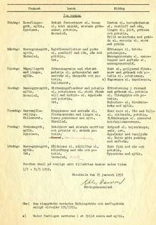 Matsedel för personal på Beckomberga sjukhus 1952 (från 1 februari)